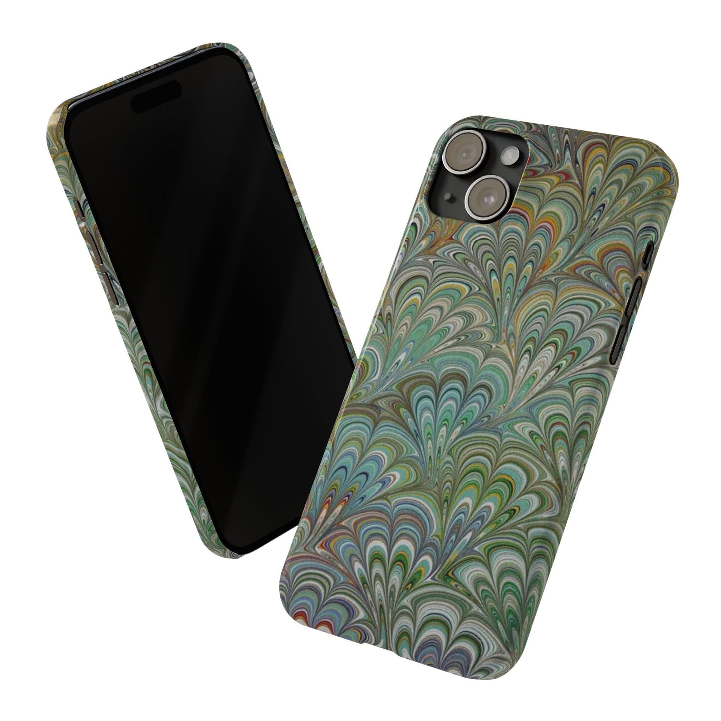 Deep Green Peacock Italian Marbled Design, Italy Feather Phone Case, Multi-Color, Slim Phone Cases, Case-Mate IPHONE16 and all sizes